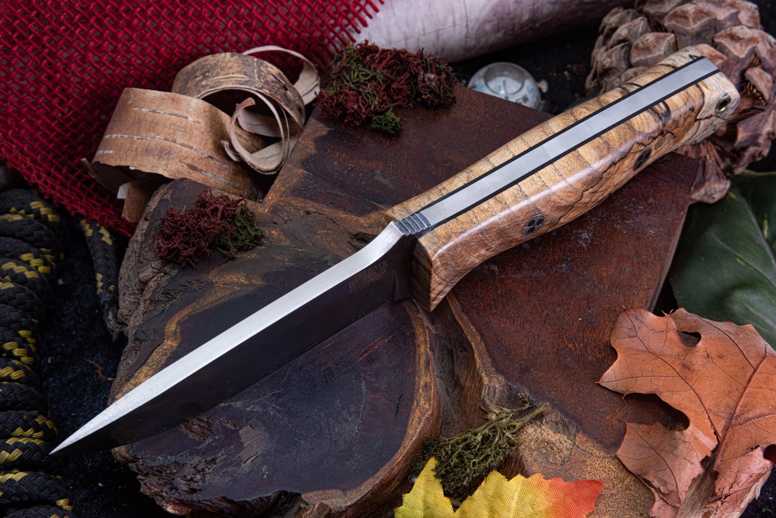Bark River Knives Bravo 1 - Spalted Hackberry Maple Burl #2 - Black Liners - Mosaic Pins - CPM 3V