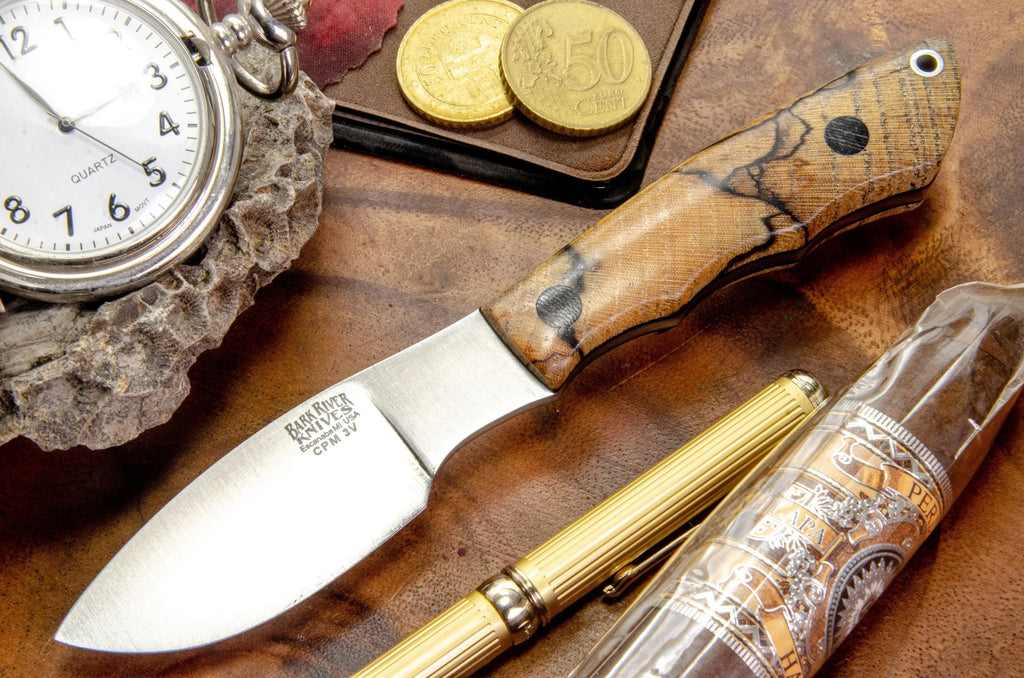 Bark River Knives Mini Canadian - Spalted Hackberry Burl #2 - Black Liners - Black Pins - CPM 3V